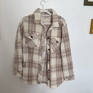 Thread & Supply Cream and Brown Plaid Flannel Shacket Sz M